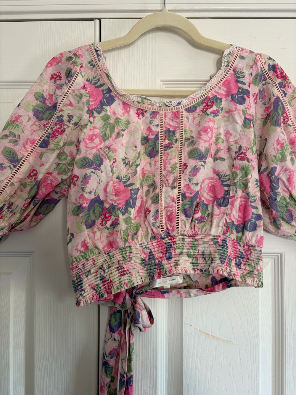 LoveShackFancy Pink Floral Smocked Crop Top with Tie